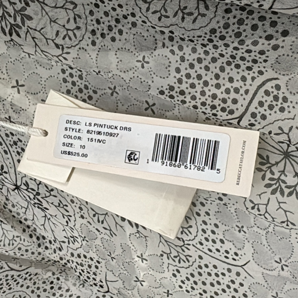 Rebecca Taylor Long Sleeve Pintuck Silk Dress Gray Floral Size 10 NWT $525 - Picture 12 of 12